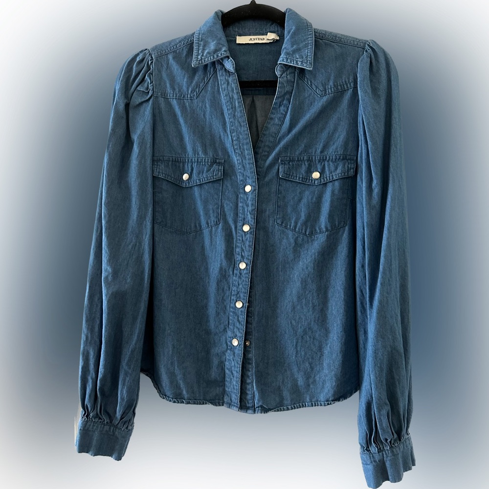 Denim button down with puff sleeve detail